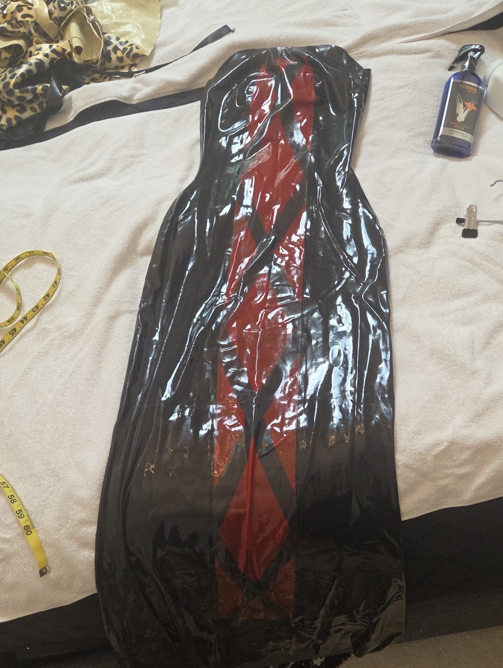 Extra Long Strapless  Mermaid Black Rubber Latex Dress Red Accent